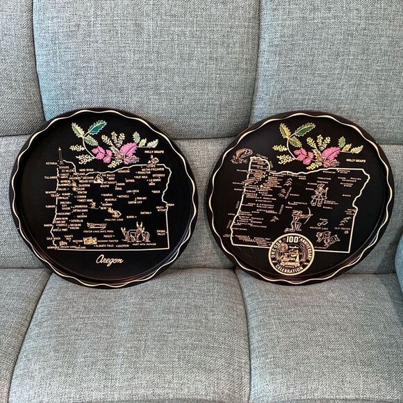 Oregon State Map Vintage Metal Serving Trays | Black and Gold w/ Rhododendron - Picture 1 of 9